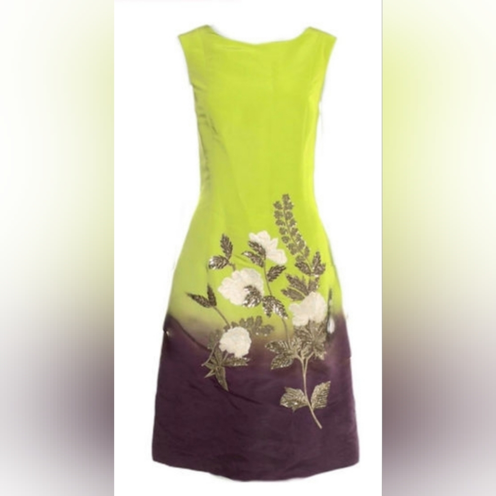 ^□$6,000 OSCAR DE LA RENTA SILK DIP DYE GREEN EXCL EMBROID RUNW MIDI DRESS 14 XL - Picture 2 of 5